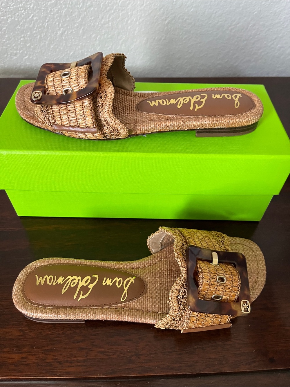 NWT Sam Edelman Bambi Raffia Tortoise Buckle Slide Sandals